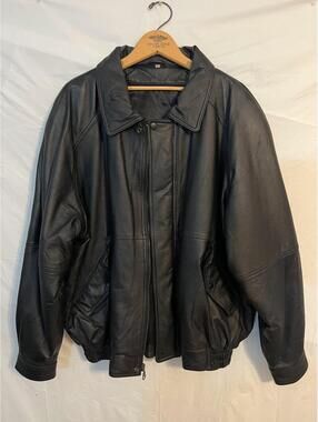 Black Bomber Jacket Snap Zip Satin Lined Flap Pockets Appears Leather Size 3XL